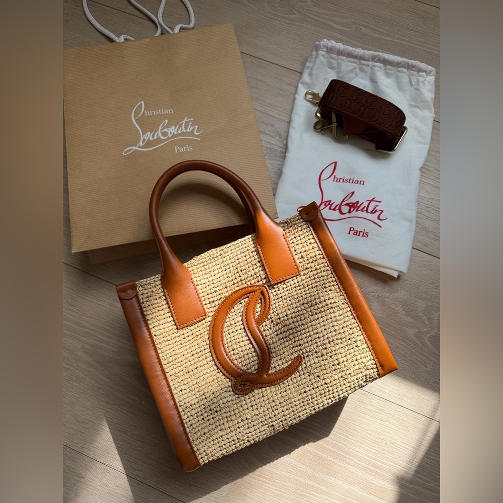 CHRISTIAN LOUBOUTIN Mini By My Side Tote Bag in Raffia & Calf Leather Brown NEW